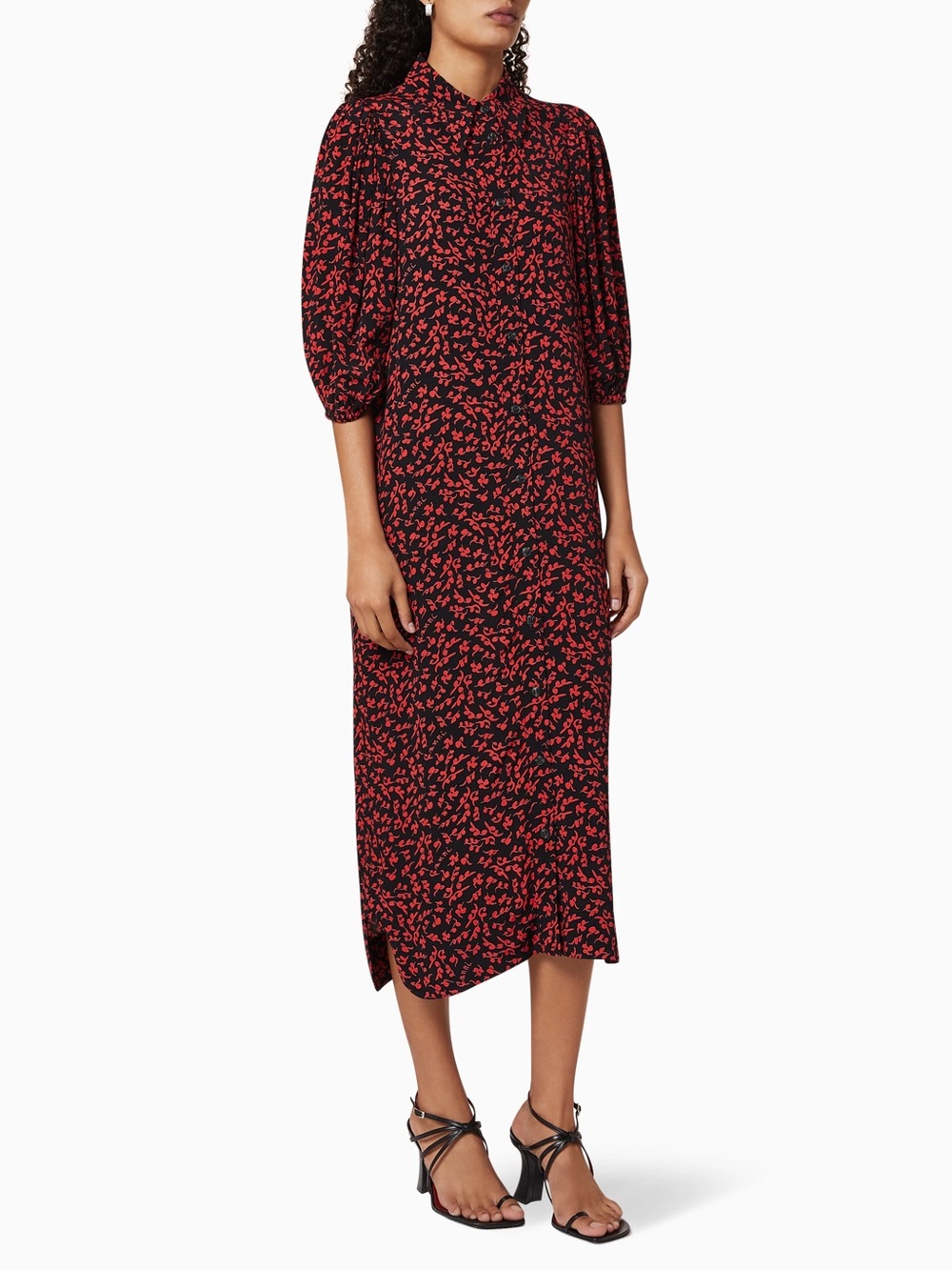 GANNI Printed Crepe Shirt Dress in Black / Red - 34 (US 2)